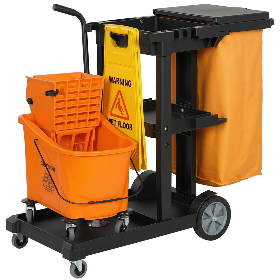 HOMCOM Professioneller Reinigungswagen mit 3 Ablagen und 70L Müllsack, Besenhalter, Wischmop-Eimer mit Auswringer und 4 Rädern, für Hotels und Unterkünfte, 122x46.5x101 cm   Aosom von HOMCOM