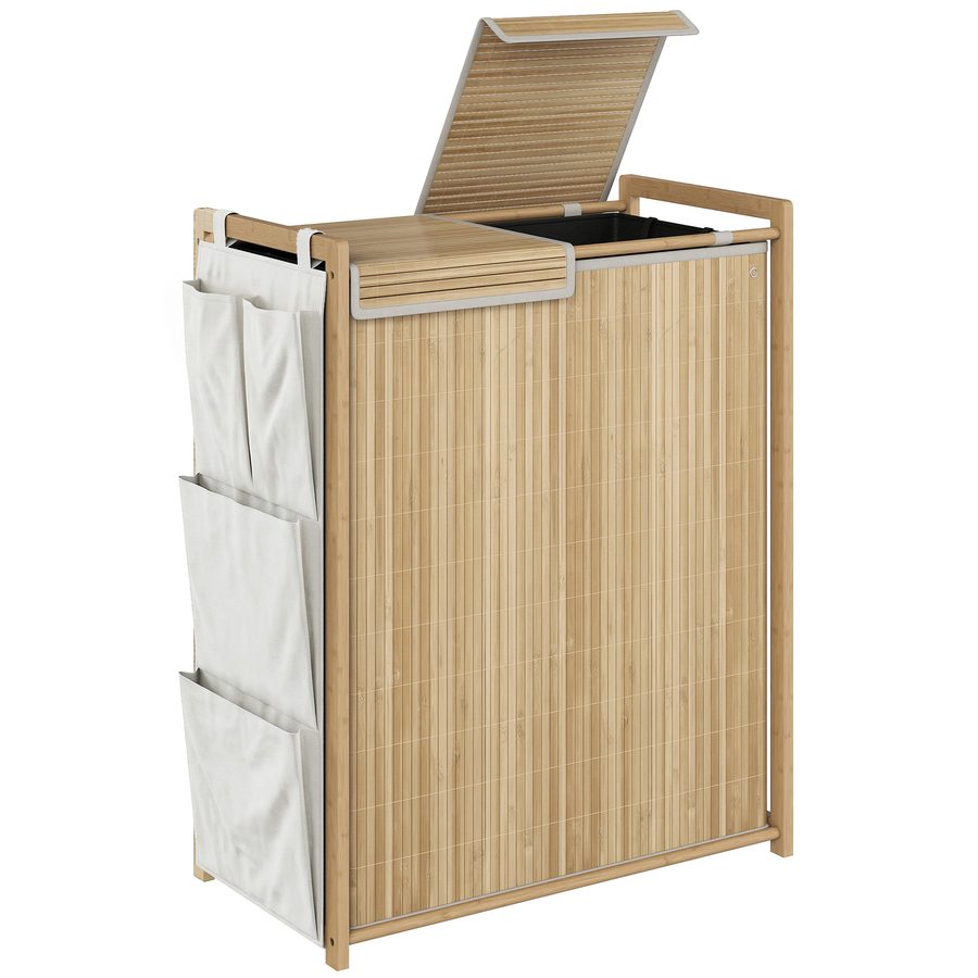 HOMCOM Wäschekorb mit Deckel 120L Wäschesammler aus Bambus mit Griff, bnehmbarem Kordelzug-Sack und seitlichen Aufbewahrungstaschen, Wäschebox für Waschküche Schlafzimmer Badezimmer, Naturholz   Aosom von HOMCOM