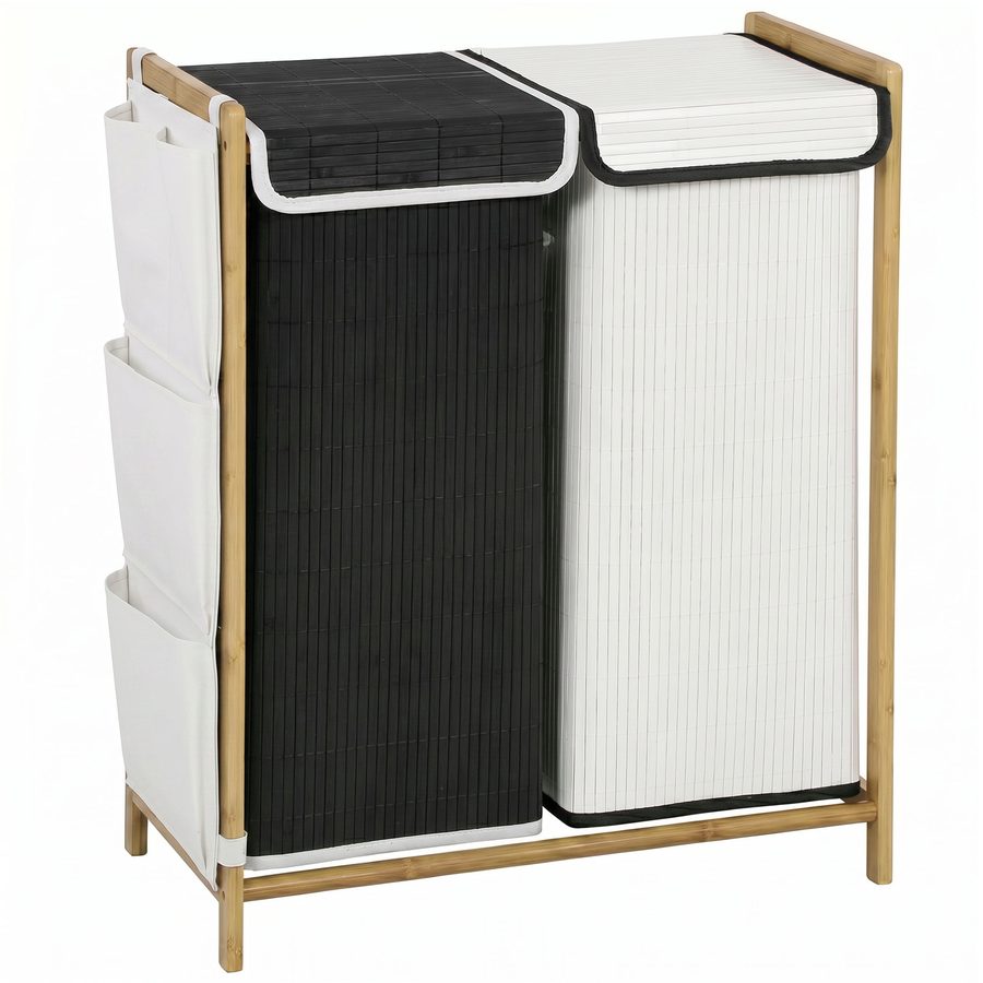 HOMCOM Wäschekorb mit Deckel, 120 L, Bambus-Wäschekorb mit 2 Fächern, herausnehmbare und waschbare Taschen mit Kordel, Seitentaschen, für Waschküche, 63x33x78 cm, Weiß und Schwarz   Aosom von HOMCOM