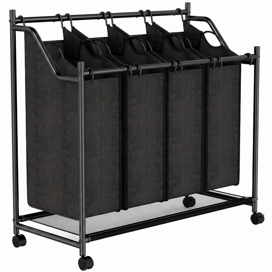 HOMCOM Wäschekorb Bambus 4 Fächer 4 x 27 L Wäschesammler mit Rollen, Herausnehmbarer Wäschebox Wäschesortierer mit Stahlrahmen Wäschewagen für Waschküche Schlafzimmer 86x38x82 cm, Schwarz   Aosom von HOMCOM