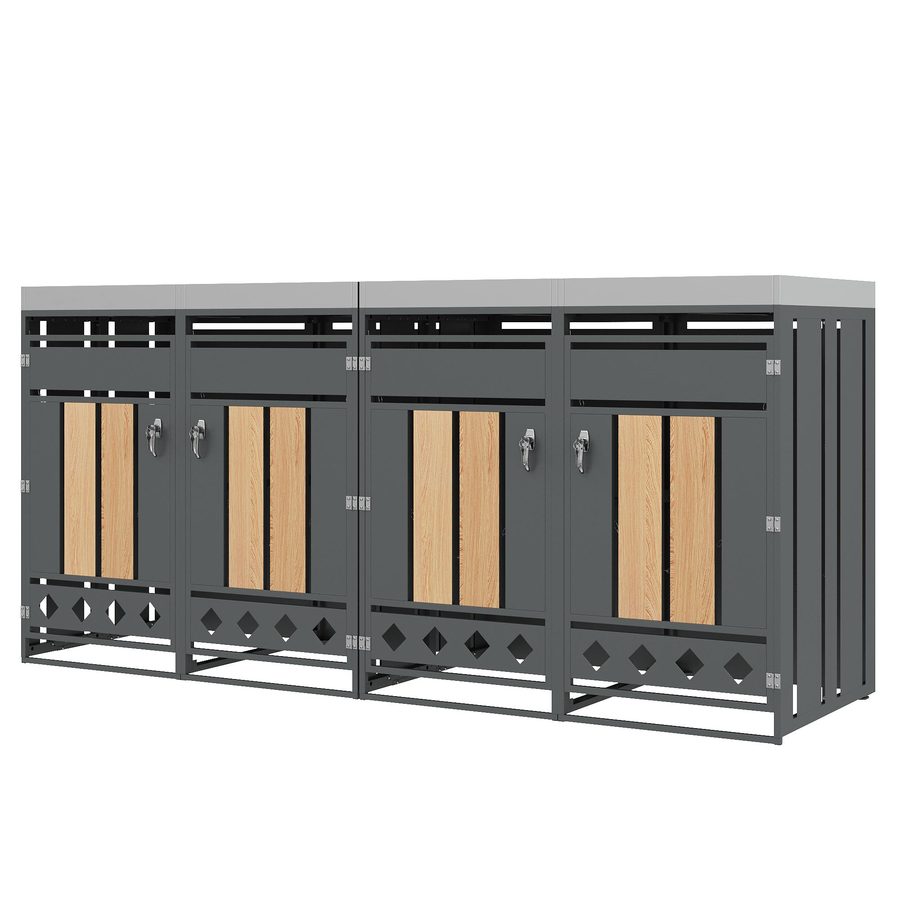 Mülltonnenschrank mit 4 Fächern, integriertem Pflanztrog und abschließbare Türen, 264x80x124.5 cm, Grau+Naturfarbe von GL Store