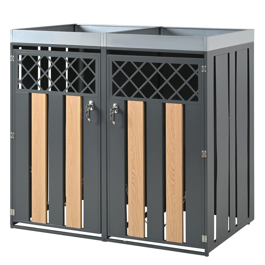 Mülltonnenschrank mit Blumentrog, 2-tlg. abschließbare Mülltonnenbox, 132x80x124,5 cm, Grau+Naturfarbe von GL Store