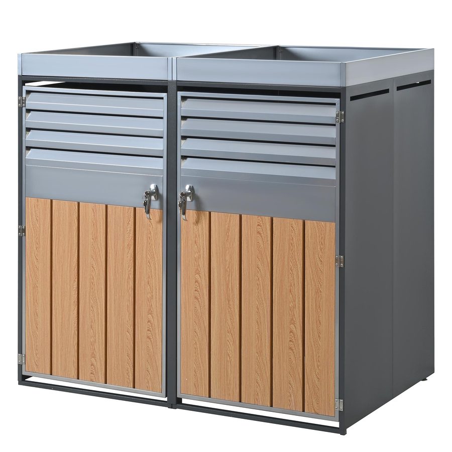 Abschließbare Mülltonnenbox mit integriertem Pflanzgefäß, Lamellenlüftung und zwei separaten Türen, 132x80x124,5 cm, Grau+Naturfarbe von GL Store