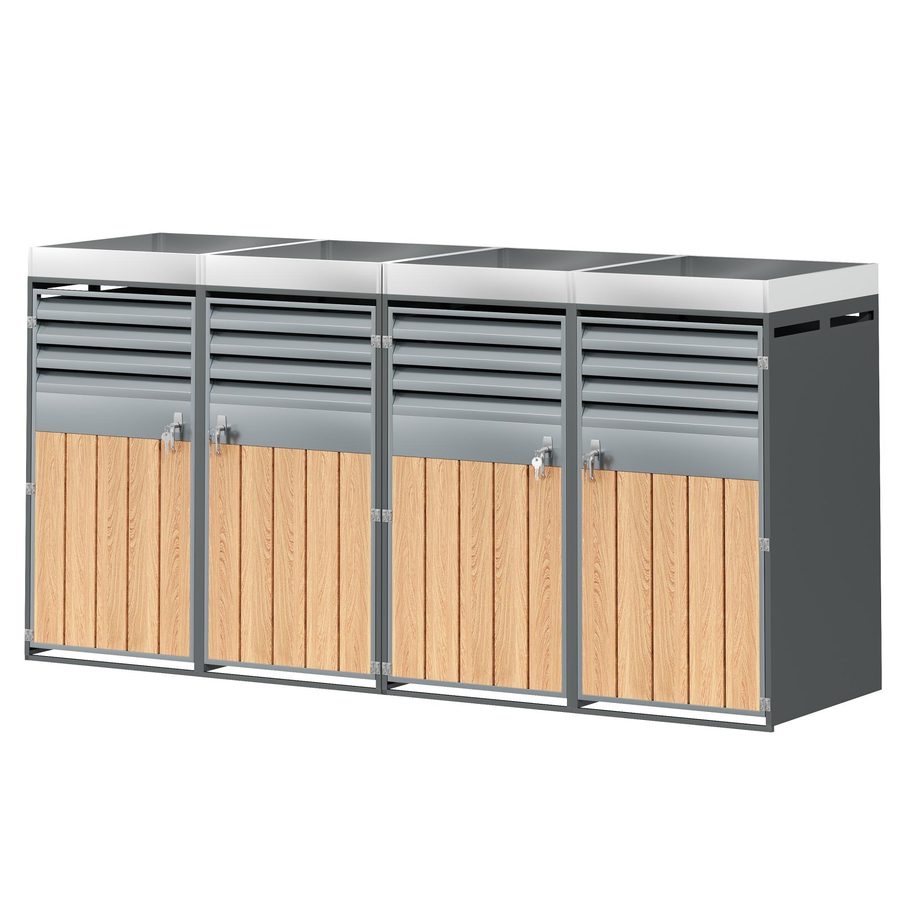 Mülltonnenbox mit integrierter Pflanzfläche, abschließbarer 4‑Fach‑Mülltonnenschrank, 264x80x124,5 cm, Grau+Naturfarbe von GL Store
