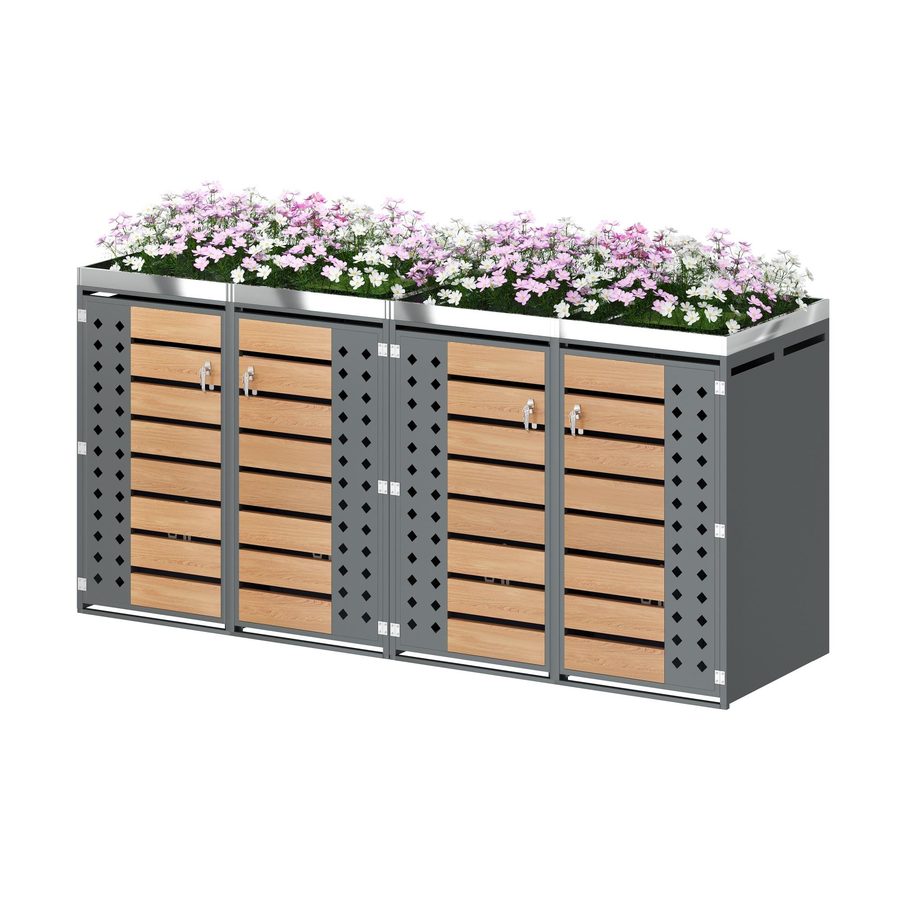 Mülltonnenbox 4‑fach, abschließbar mit integriertem Pflanzkasten, 264x80x124.5 cm, Grau+Naturfarbe von GL Store