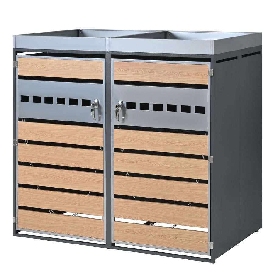 Mülltonnenbox mit integriertem Pflanztrog und Belüftung, abschließbarer zweiteiliger 2-türiger Schrank, 132x80x124,5 cm, Grau+Naturfarbe von GL Store