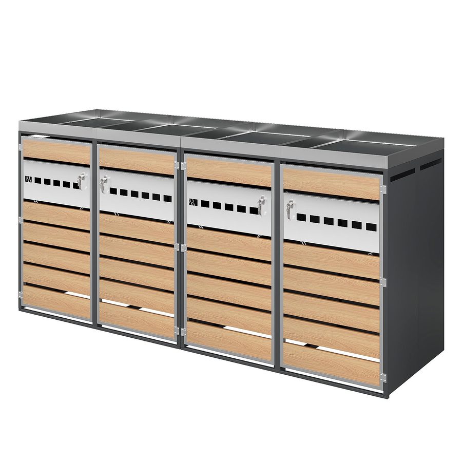 Mülltonnenbox mit integriertem Pflanztrog, vier abschließbare Einzeltüren, 264x80x124,5 cm, Grau+Naturfarbe von GL Store
