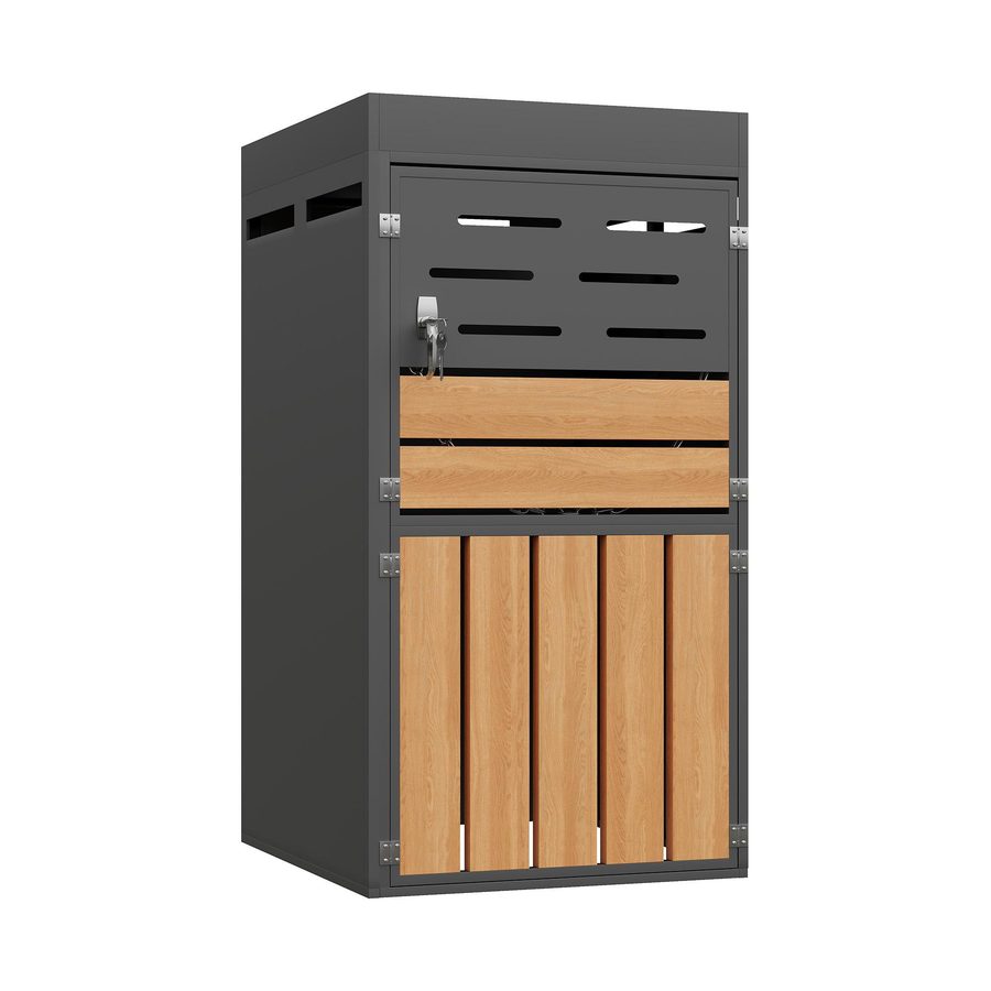 Multifunktionaler Außenschrank 2-in-1 mit integriertem Pflanzkasten und Mülltonnenfach, ohne Abfalleimer, 66x80x128 cm, Grau