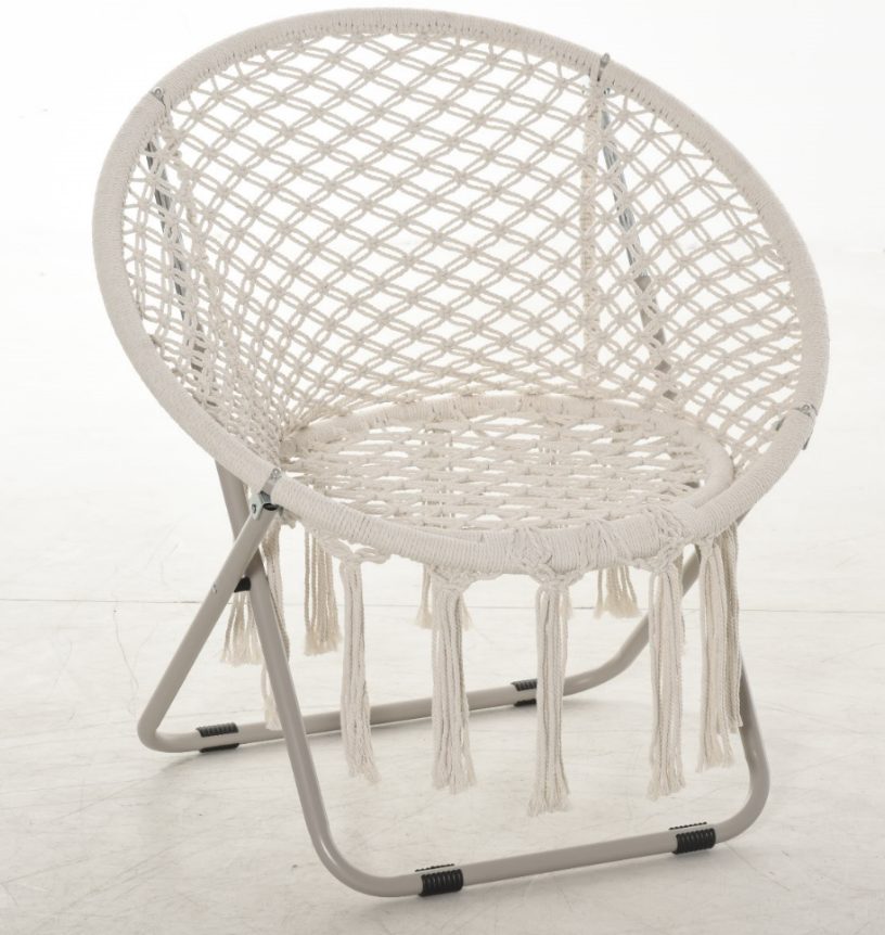 Outsunny Hängesessel runder Gartenstuhl Mond Papasan Klappbarer großer Komfort Makramee Baumwolle Polyester Beige   Aosom von Outsunny