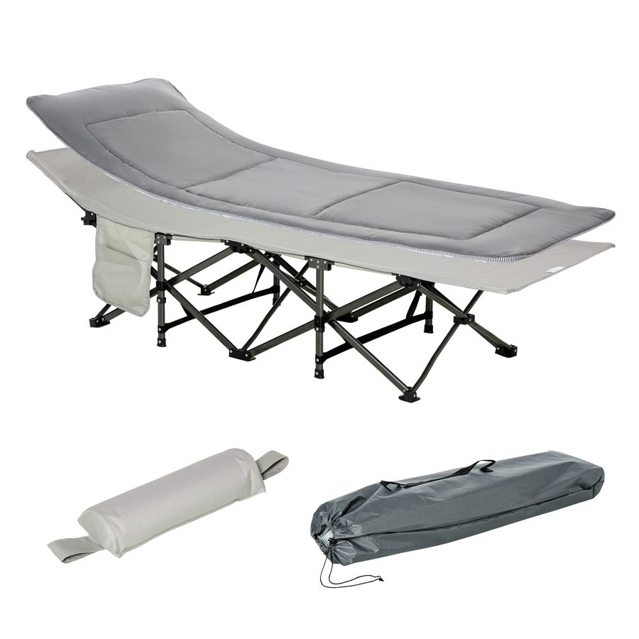 Outsunny Campingbett Klappbares Feldbett mit Kopfkissen und Seitentasche, Matratze in Hellgrau, belastbar bis 150kg   Aosom.de von Outsunny
