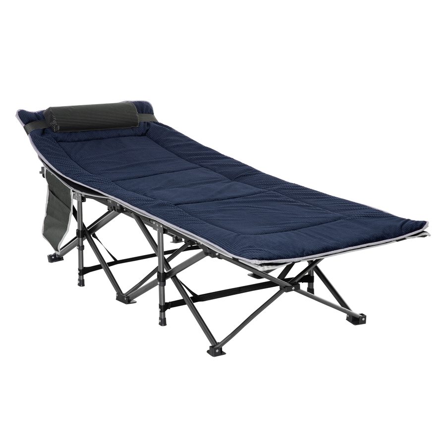 Outsunny Campingbett klappbar Feldbett Klappbett mit Kopfkissen Seitentasche Matratze Gästebett bis 150 kg belastbar Reisen Outdoor Oxford Dunkelblau+Grau 188 x 64,5 x 53 cm   Aosom von Outsunny
