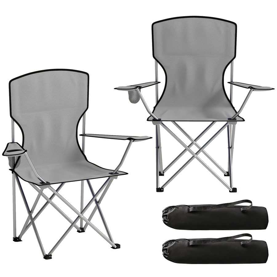 Outsunny 2er-Set Campingstühle mit hoher Rückenlehne, Getränkehalter und Transporttaschen, klappbare tragbare Stühle aus Metall und Oxford-Gewebe, für Outdoor Picknick Strand Garten, Grau   Aosom von Outsunny
