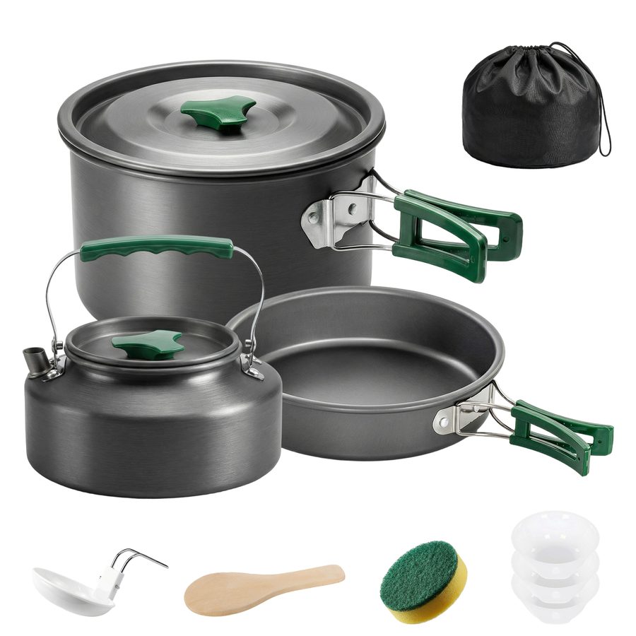 Outsunny 11-tlg. Camping-Kochset, kompaktes Aluminium-Kochgeschirr mit hitzeisolierten Griffen, Outdoor-Kochset mit Aufbewahrungstasche für Wandern und Camping, Grau   Aosom von Outsunny