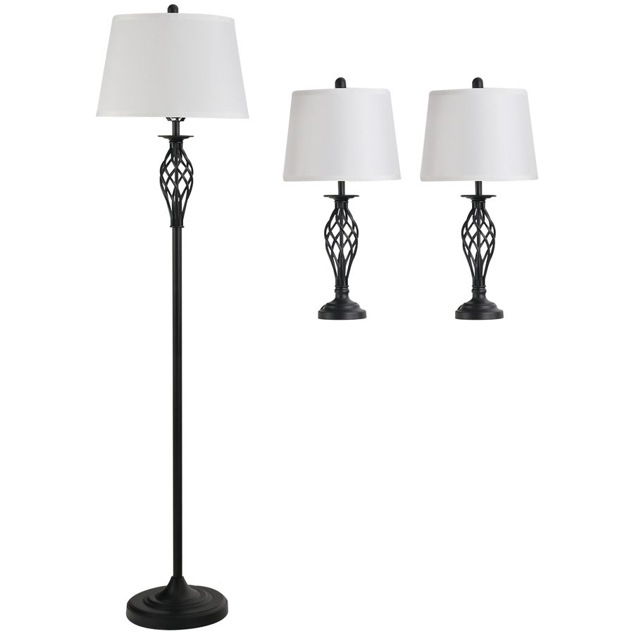 HOMCOM 3er Lampenset 2 Tischlampen 1 Stehlampe Vintage Schwarz Weiß Metall Baumwolle Tischlampe Ø38cm Stehlampe Ø62cm für Wohnzimmer   Aosom.de von HOMCOM