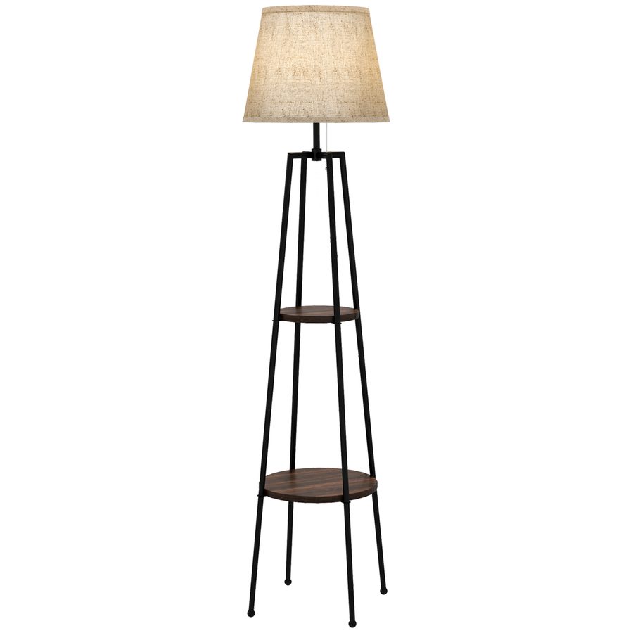 HOMCOM Stehlampe, Stehleuchte mit 2 Regalen, E27 Lampenfassung, 40 W, Zugschalter inklusive, Lampenschirm Stoff, Metall, modernes Design, Schwarz Braun   Aosom von HOMCOM