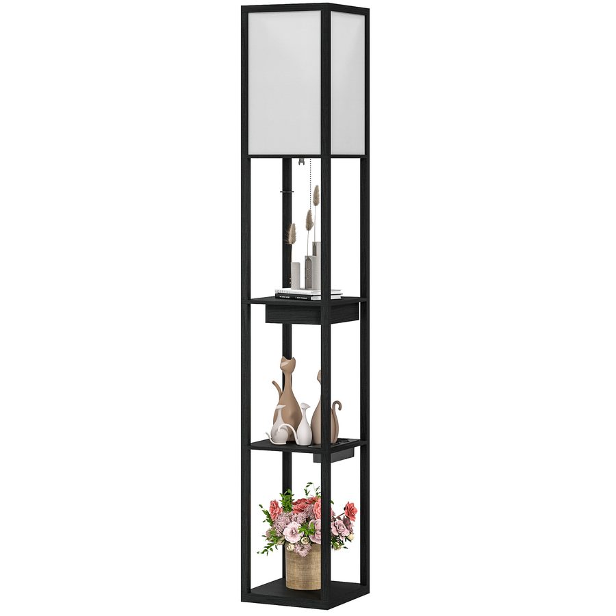 HOMCOM Stehlampe, Stehleuchte mit 3 Fächern, E27 Sockel, Standlampe mit Stoff-Lampenschirm, USB-A, USB-C Anschlüssen für Wohnzimmer, Weiß+Schwarz, exkl. Glühbirne   Aosom von HOMCOM