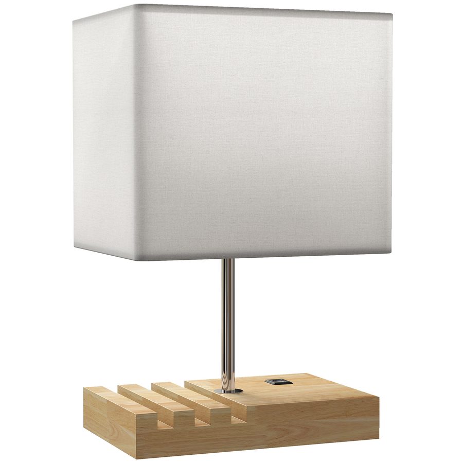 HOMCOM Tischlampe Schreibtischlampe mit E27-Fassung, USB-A+C-Ladeanschlüssen und 3 Handyhaltern, Nachttischlampe mit Massivholzfuß und Stoffschirm für Schlafzimmer Wohnzimmer, exkl. Glühbirne   Aosom von HOMCOM