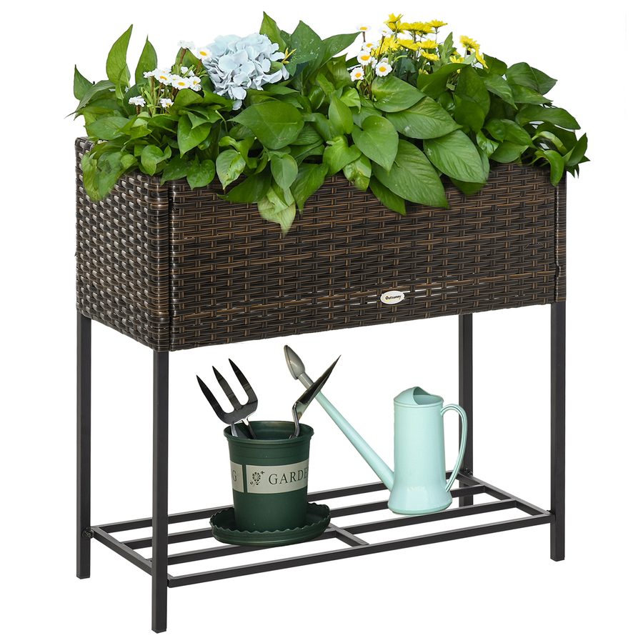 Outsunny Poly Rattan Hochbeet Blumenkasten mit Füßen Blumentopf mit Ablage Braun 70 x 30 x 72 cm   Aosom von Outsunny