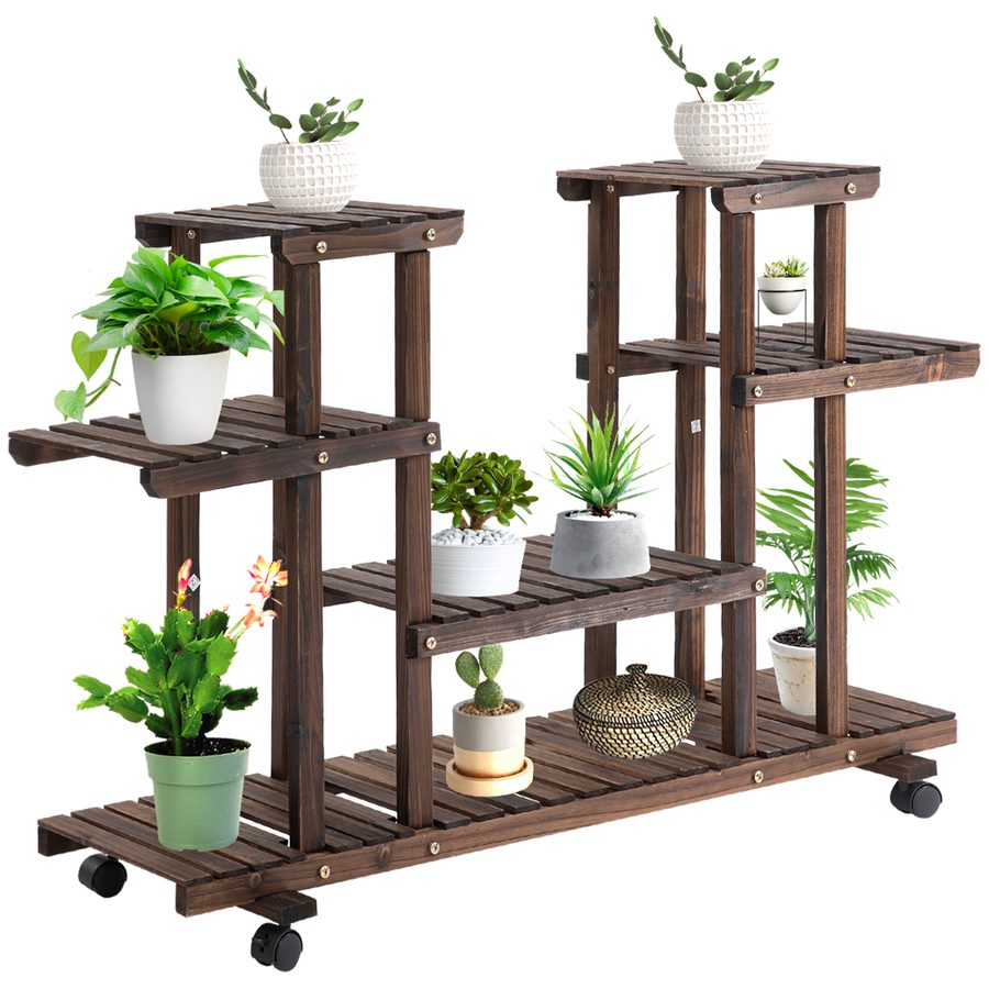 Outsunny Blumenständer Pflanzenregal vierstufiges Regal aus massivem verkohltem Holz 123,5x33x80cm für Garten Balkon   Aosom.de von Outsunny