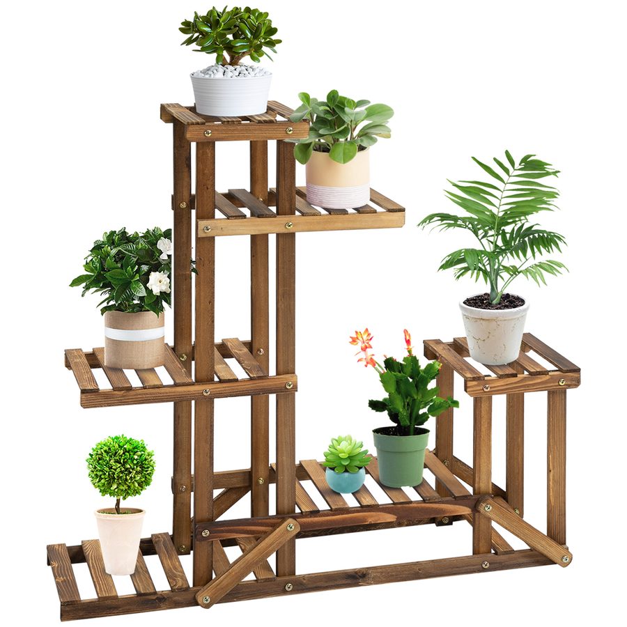 Outsunny Pflanzenregal  Massivholz Blumenständer mit 6 Ebenen, Verkohlt, 98x28x96,5cm, für Garten & Balkon  Aosom von Outsunny