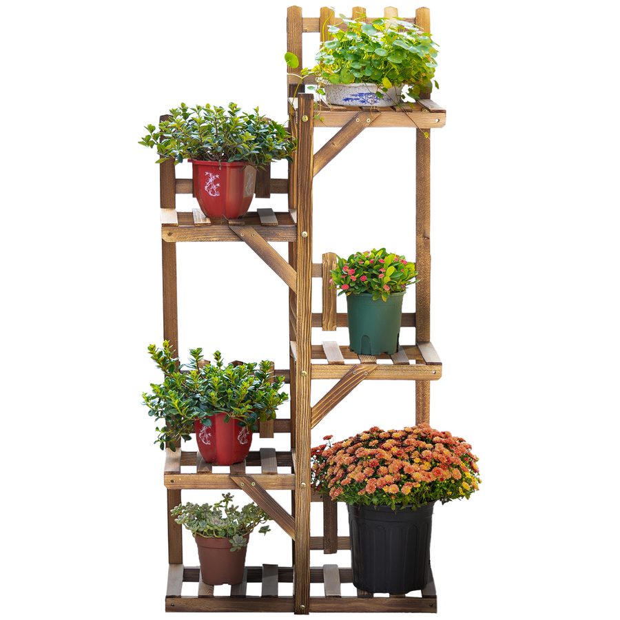 Outsunny Blumenleiter aus Holz mit Pflanzenstützen Pflanzenständer aus Holz 5 Regale Verziert mit kleinen Zäunen 60 x 30 x 130 cm Kiefernholz karbonisiert für Innen Garten Terrasse Balkon   Aosom von Outsunny