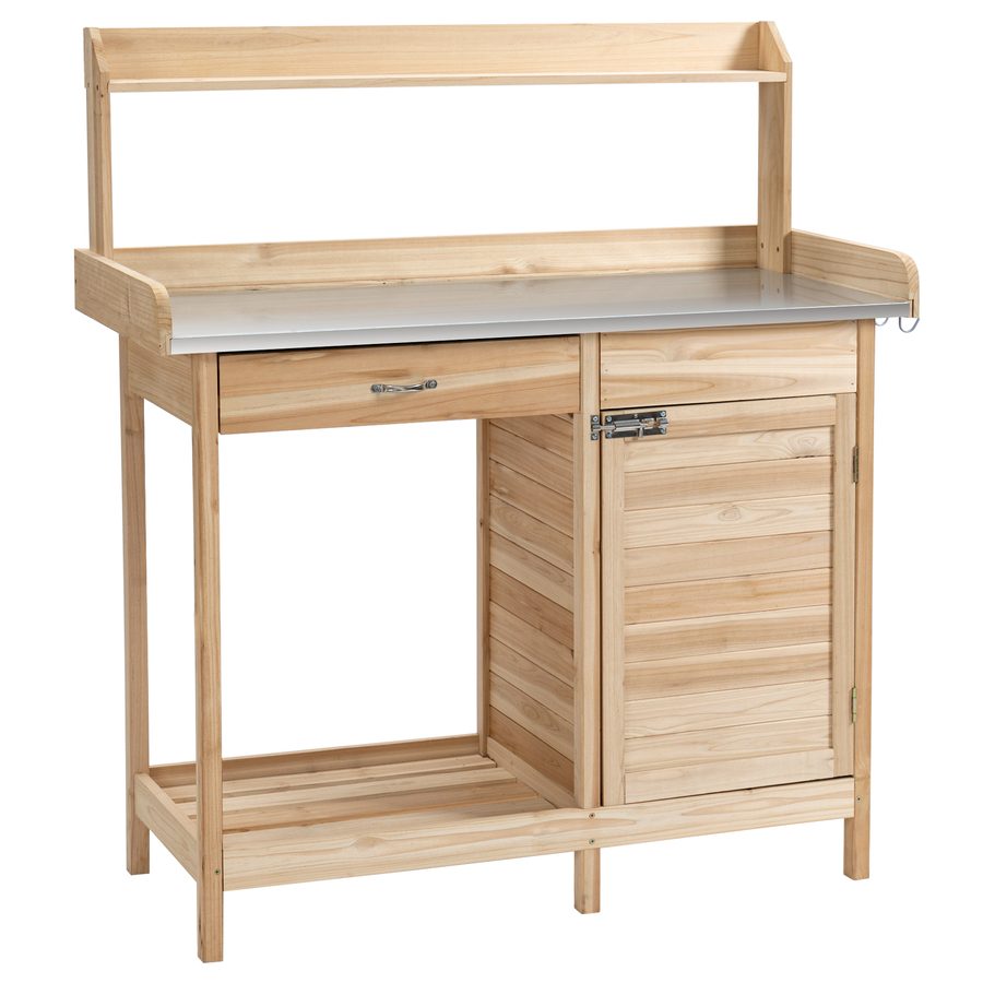 Outsunny Pflanztisch  Gärtnertisch mit verzinkter Arbeitsplatte, Schublade & Schrank, 112x45x125cm, Natur  Aosom von Outsunny