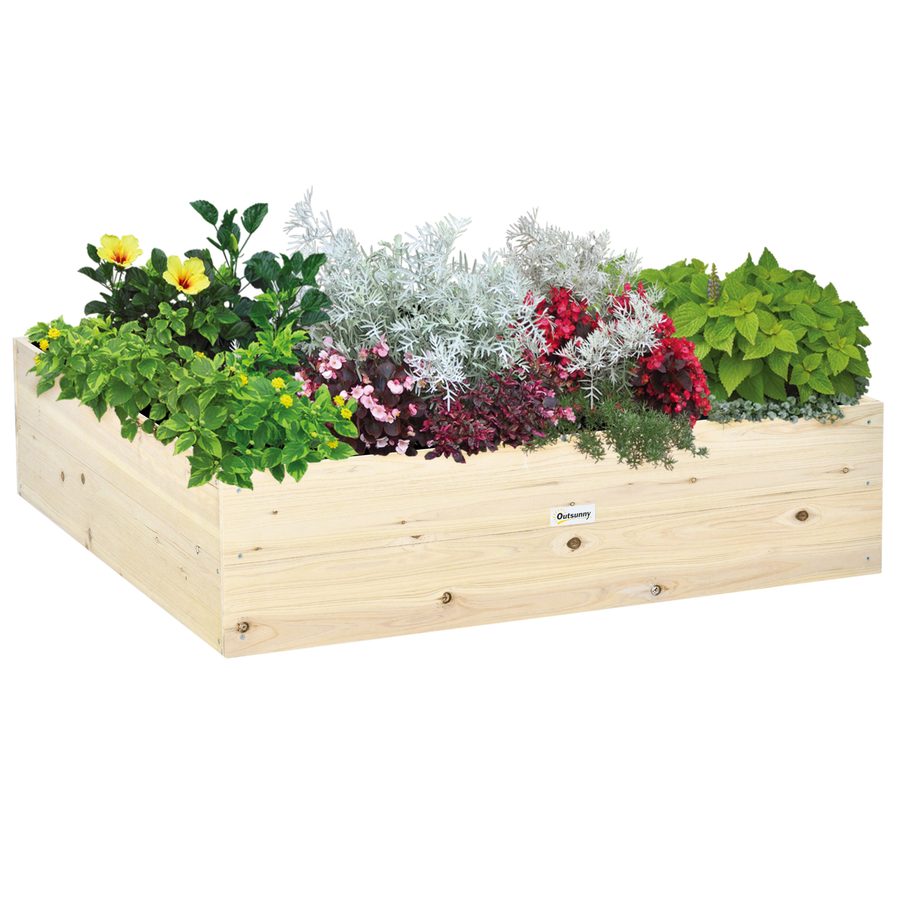 Outsunny Hochbeet Holz Gartenbeet mit Vliesstoff 117x117x30cm Pflanzkübel für Balkon und Garten Natur   Aosom.de von Outsunny