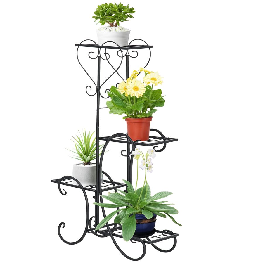 Outsunny Blumenregal Metall 4 Ebenen Pflanzenregal für Garten Balkon Blumentreppe Schwarz 45x24,5x80cm dekorativ & stabil   Aosom.de von Outsunny