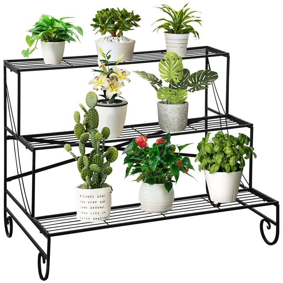 Outsunny Blumenregal Metall 3-stufiges Pflanzenregal Blumentreppe für Garten Balkon Schwarz 95x63x72cm   Aosom.de von Outsunny