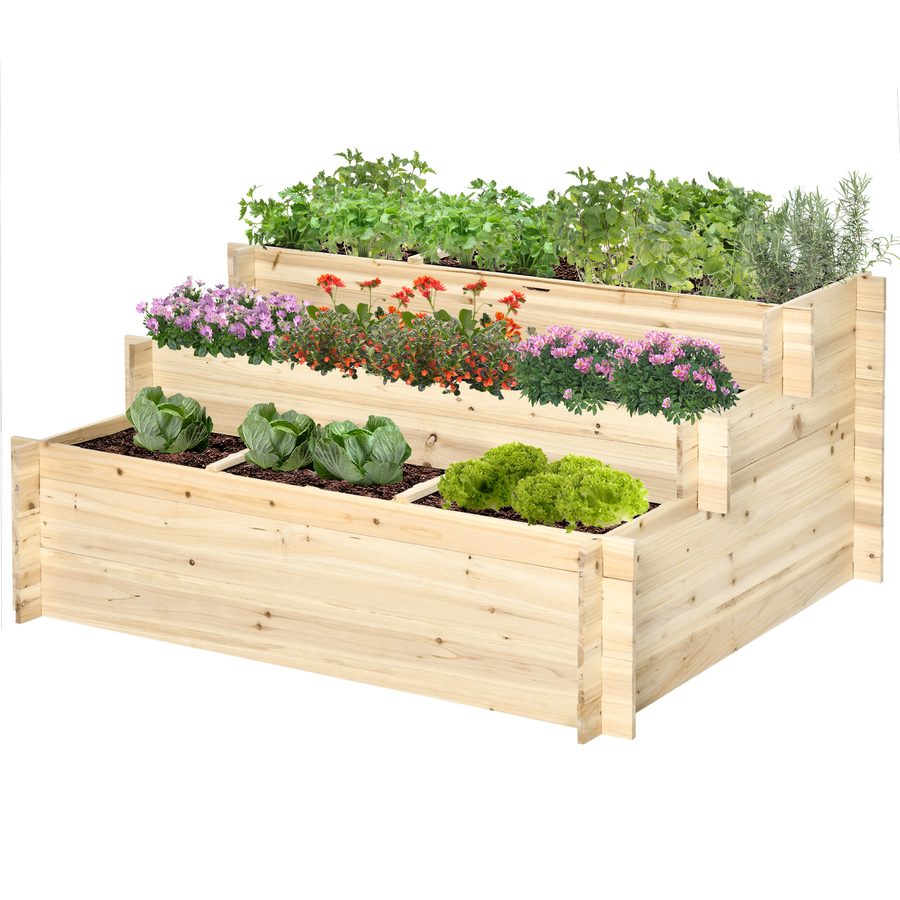 Outsunny Hochbeet 3-stufig Blumenkasten aus Tannenholz für Pflanzen und Kräuter, naturbelassen, 117x100x54cm, ideal für Garten   Aosom.de von Outsunny