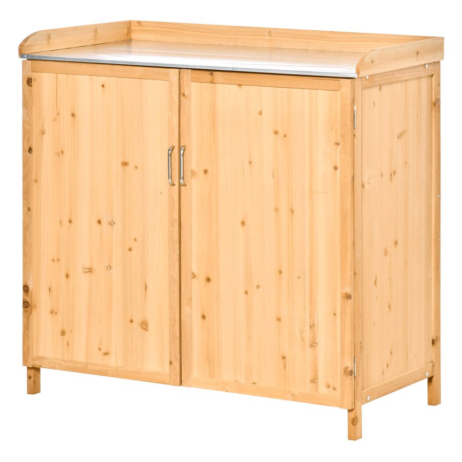 Outsunny Gartenarbeitstisch 2-in-1 - Doppeltüriger Gartenarbeitstisch mit Regal, verzinkter Stahlablage - Zedernholz vorbehandelt   Aosom von Outsunny