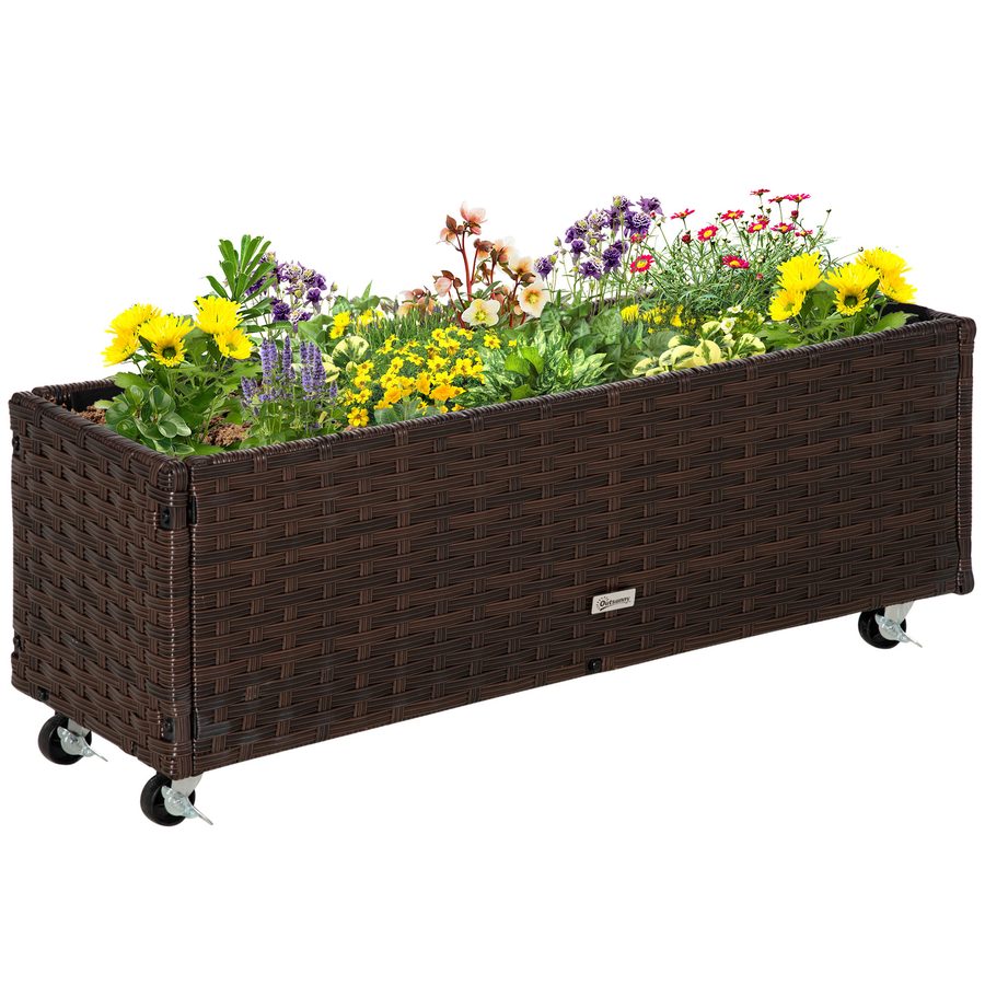 Outsunny Hochbeet Pflanzkasten Poly Rattan mit Rollen 94,5 x 31 x 36 cm, Blumenkübel mit Abflusslöchern, Kaffee-Braun für Garten & Balkon   Aosom.de von Outsunny