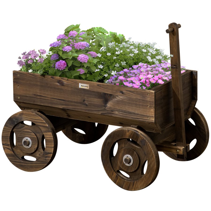 Outsunny Hochbeet Holzwagen-Design Blumenkasten Pflanzenwagen bis 50 kg belastbar Verkohlt 120x53x55cm für Garten & Terrasse   Aosom.de von Outsunny