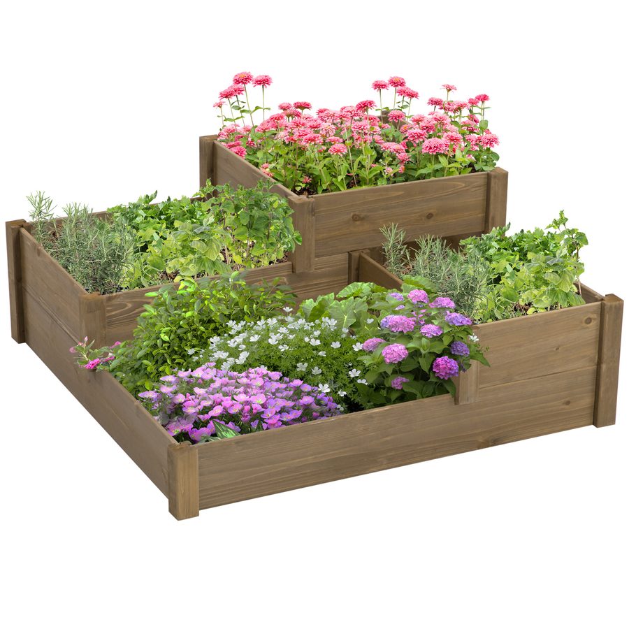 Outsunny Hochbeet Gemüsebeet mit 3 Stufen, Pflanzkasten für Kräuter, Tannenholz, Braun, 122x122x51 cm für Terrasse und Balkon   Aosom.de von Outsunny
