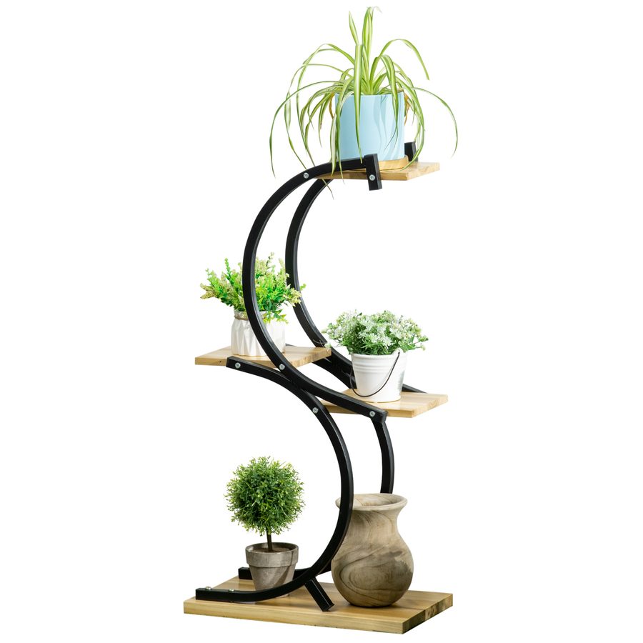 Outsunny Pflanzenregal S-Förmige Blumentreppe 4-Ebenen Pflanzenständer mit Metallgestell und Massivholz Schwarz 46x25x91cm für Garten & Balkon   Aosom.de von Outsunny