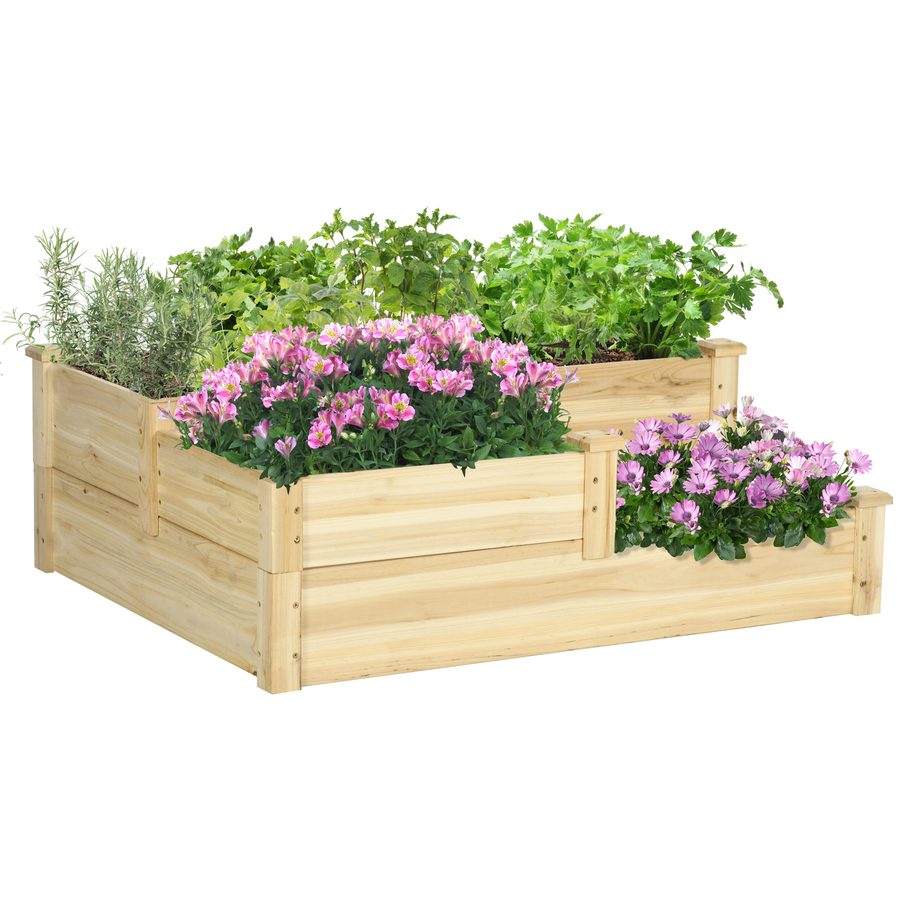 Outsunny Hochbeet 3-stufiges Pflanzenbeet Blumenkasten Kräuterbeet Pflanzentreppe aus Tannenholz in Naturfarbe für Garten & Balkon   Aosom.de von Outsunny