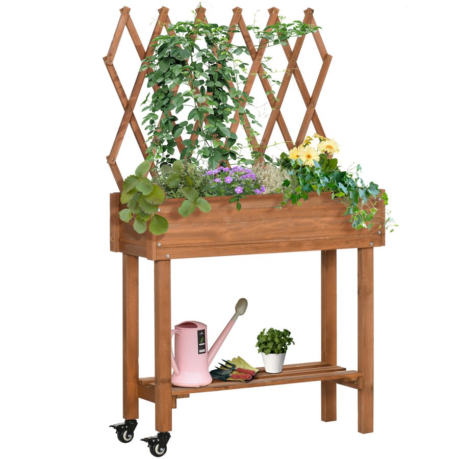 Outsunny Hochbeet mit Rankgitter Blumenkasten auf Rollen mit Ablage aus massivem Holz für Terrasse und Garten in Braun 79x29x130cm   Aosom.de von Outsunny