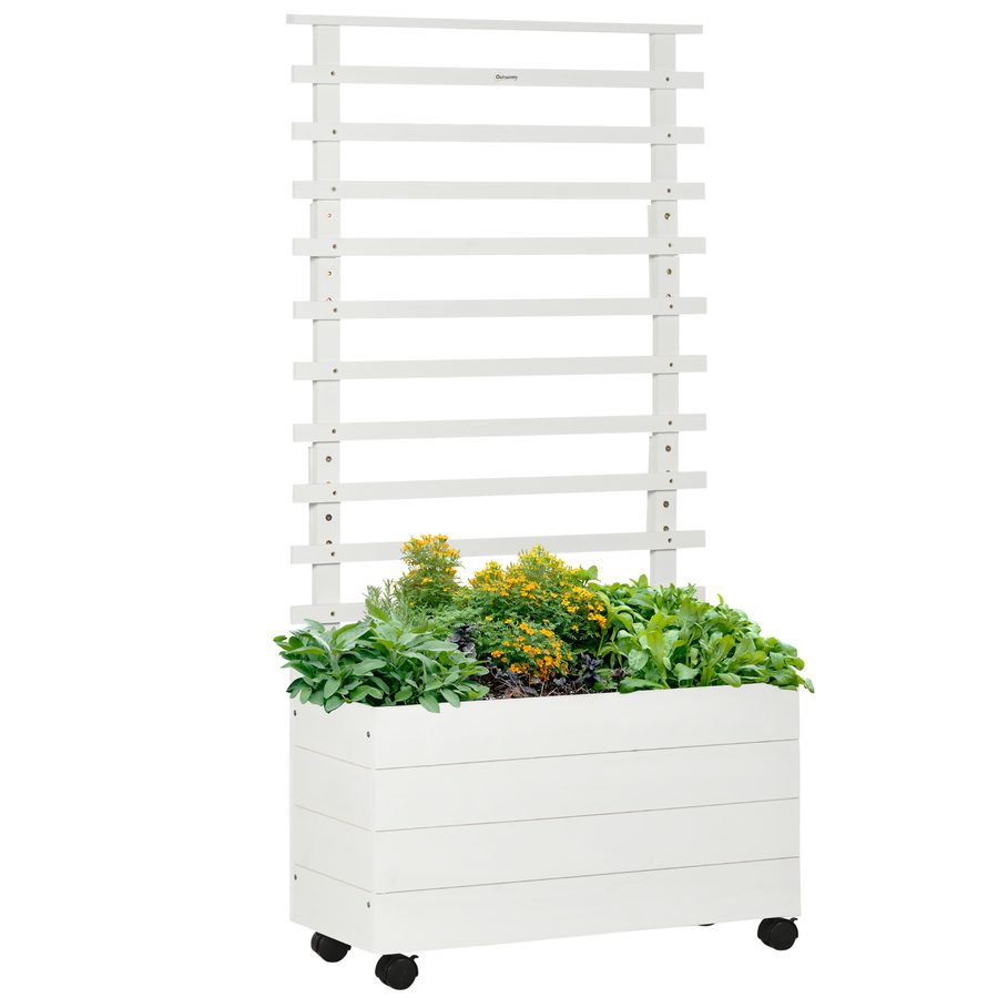 Outsunny Pflanzkasten mit Rankgitter Blumenkasten mit Rollen Hochbeet für Kletterpflanzen Naturholz Weiß 76 x 30 x 155 cm für Garten   Aosom.de von Outsunny