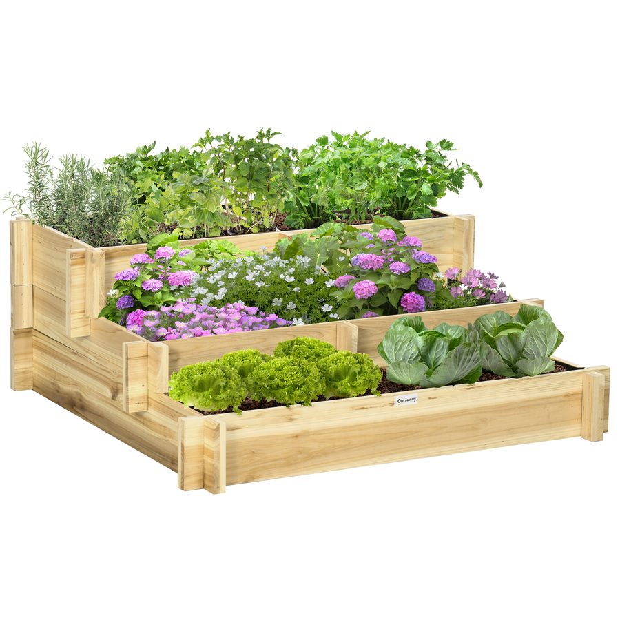 Outsunny Hochbeet aus Holz 93x93x35cm wetterfest 3-stufige Blumenkasten mit Stoffauskleidung geteilte Pflanzfläche Steckdesign Natur   Aosom.de von Outsunny