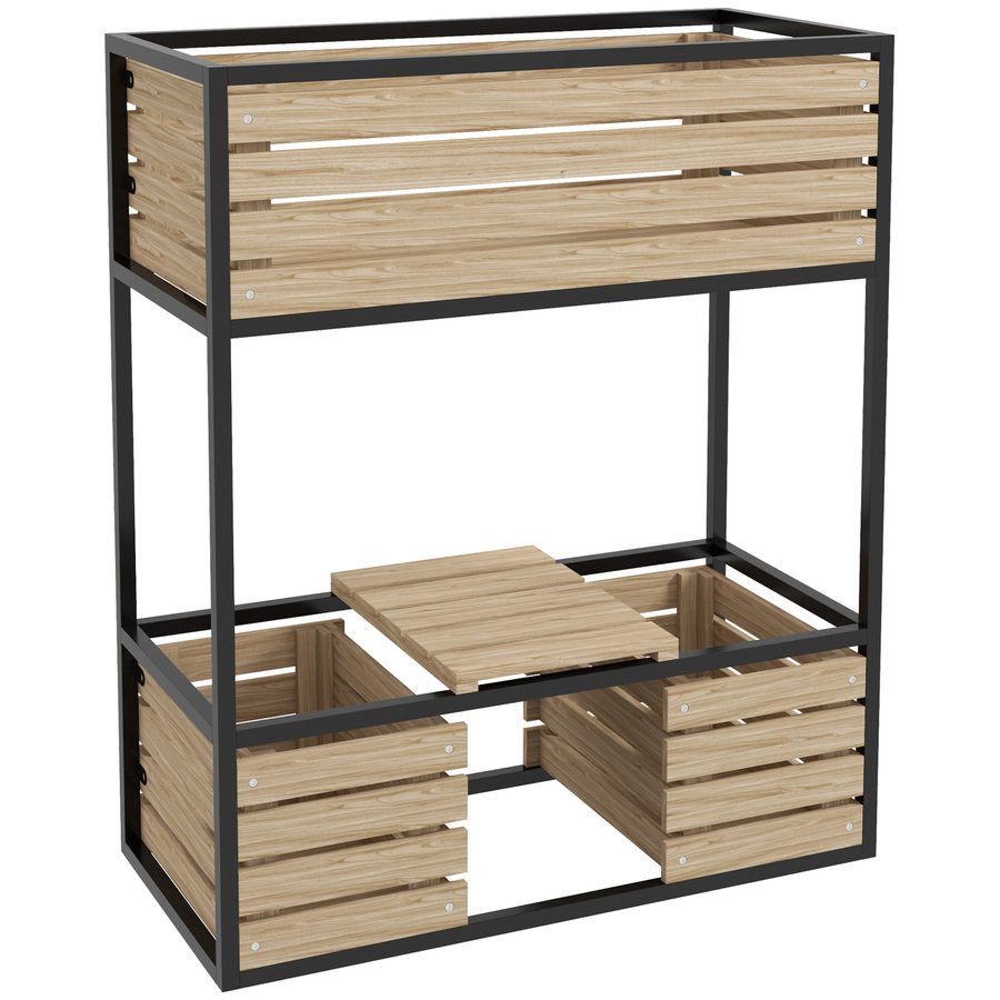 Outsunny Hochbeet aus Holz 2-stufiger Blumenkasten mit Ablage erhöhtes Gemüsebeet mit Innenvlies Kräuterbeet hellbraun 83 x 39 x 100 cm   Aosom.de von Outsunny