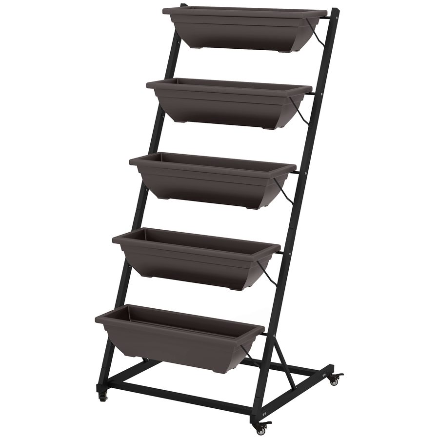 Outsunny 5-Etagen Pflanzenständer, 145 cm hoch Blumenständer mit Rollen Töpfe, Pflanzenregal aus Stahl, mehrstöckig Blumenregal, Blumentreppe Blumentopfständer für Garten Balkon, Braun   Aosom von Outsunny