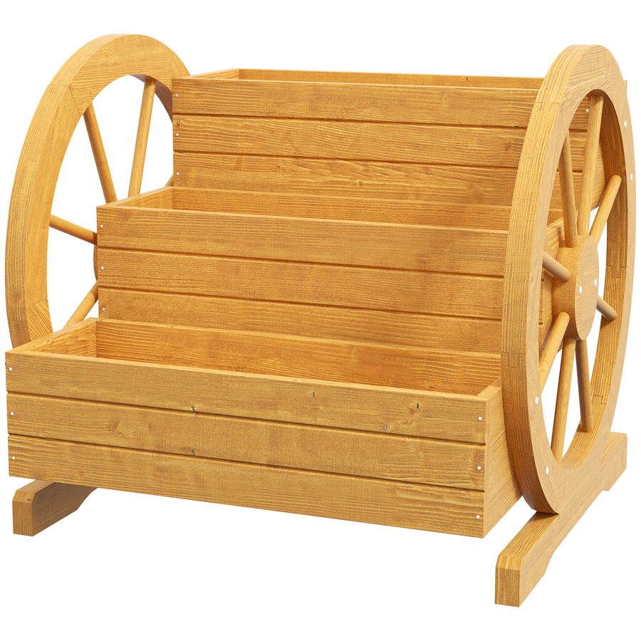 Outsunny Blumenkasten mit Wagenrad 61 x 62 x 57 cm wetterbeständig wasserabweisend 3 Etagen mit Entwässerungslöchern aus Tannenholz Teak   Aosom.de von Outsunny