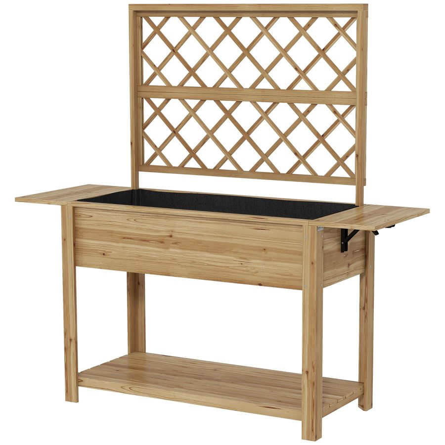 Outsunny Rechteckige Pflanzkiste auf Beinen - erhöhtes Gemüsebeet mit Rankgitter - 2 klappbare Seitentabletts und 1 untere Ablage - Holz  Maße: 140L x 45B x 151H cm   Aosom von Outsunny