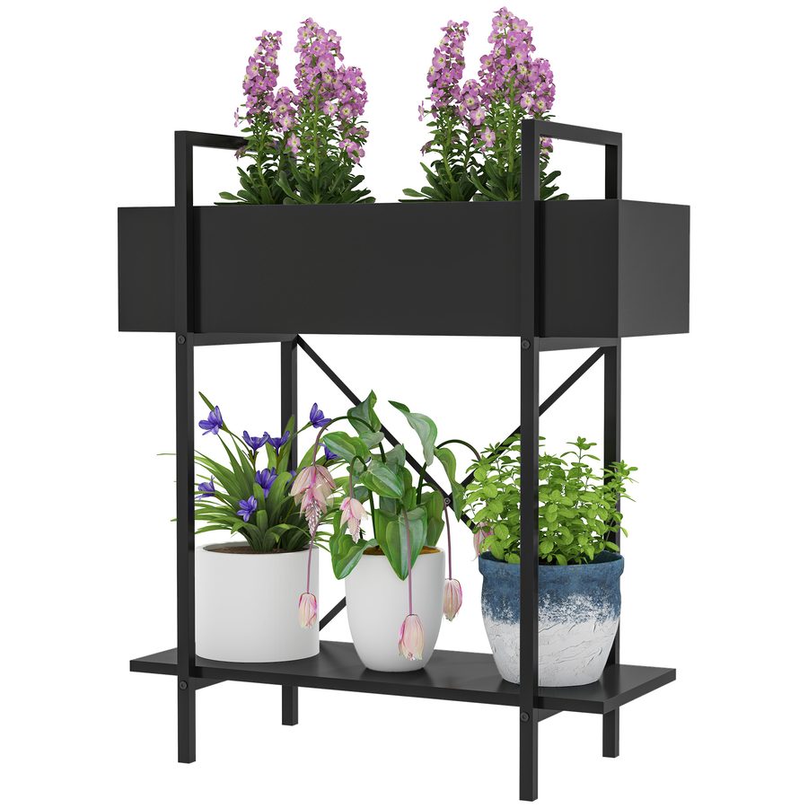 Outsunny 2-Etagen Pflanzenständer, Blumenständer für Innen Außen, Pflanzenregal aus Metall, mehrstöckig Blumenregal, 70 cm hoch Blumentreppe für Wohnzimmer, Garten Balkon Deko, Schwarz   Aosom von Outsunny