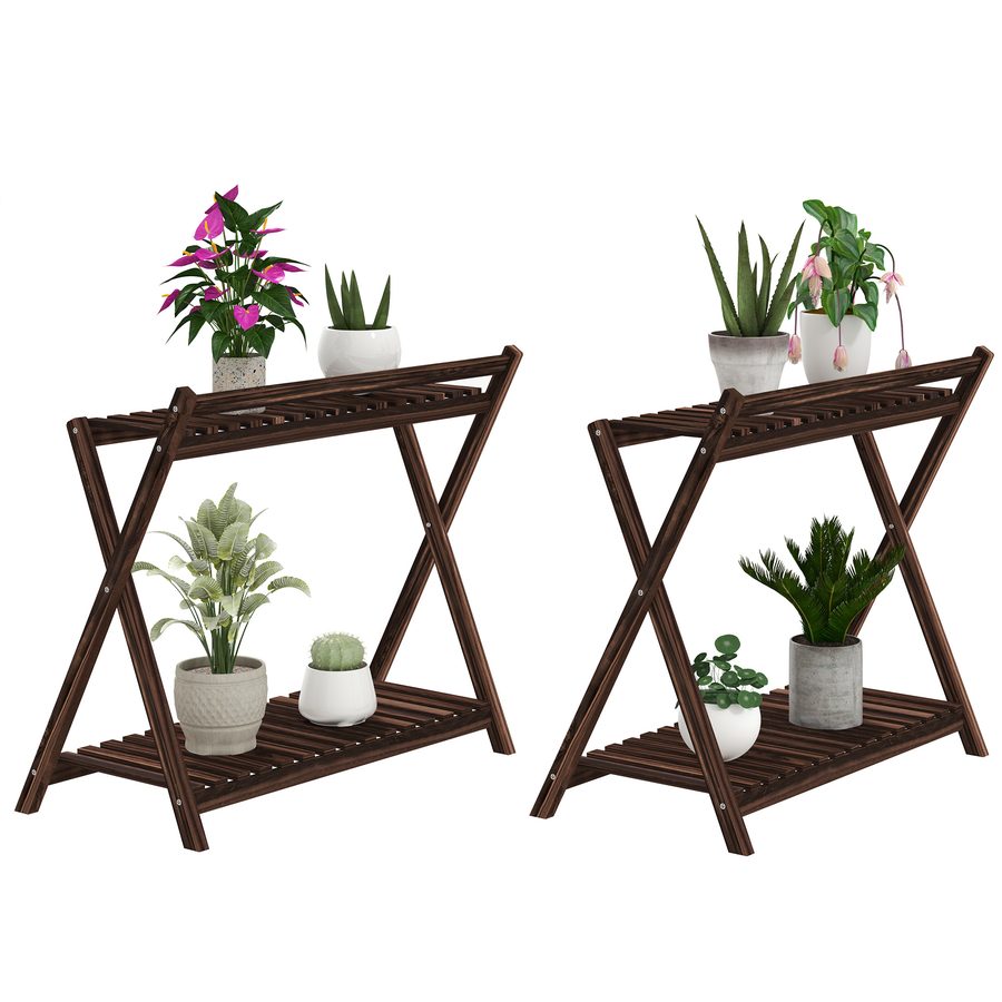 Outsunny Set aus 2 Innenpflanzenständern 2 Ebenen, Holzregale mit Rückenstütze, Innen- und Außenblumentopfständer, für Garten, Balkon, Wohnzimmer, Braun   Aosom von Outsunny