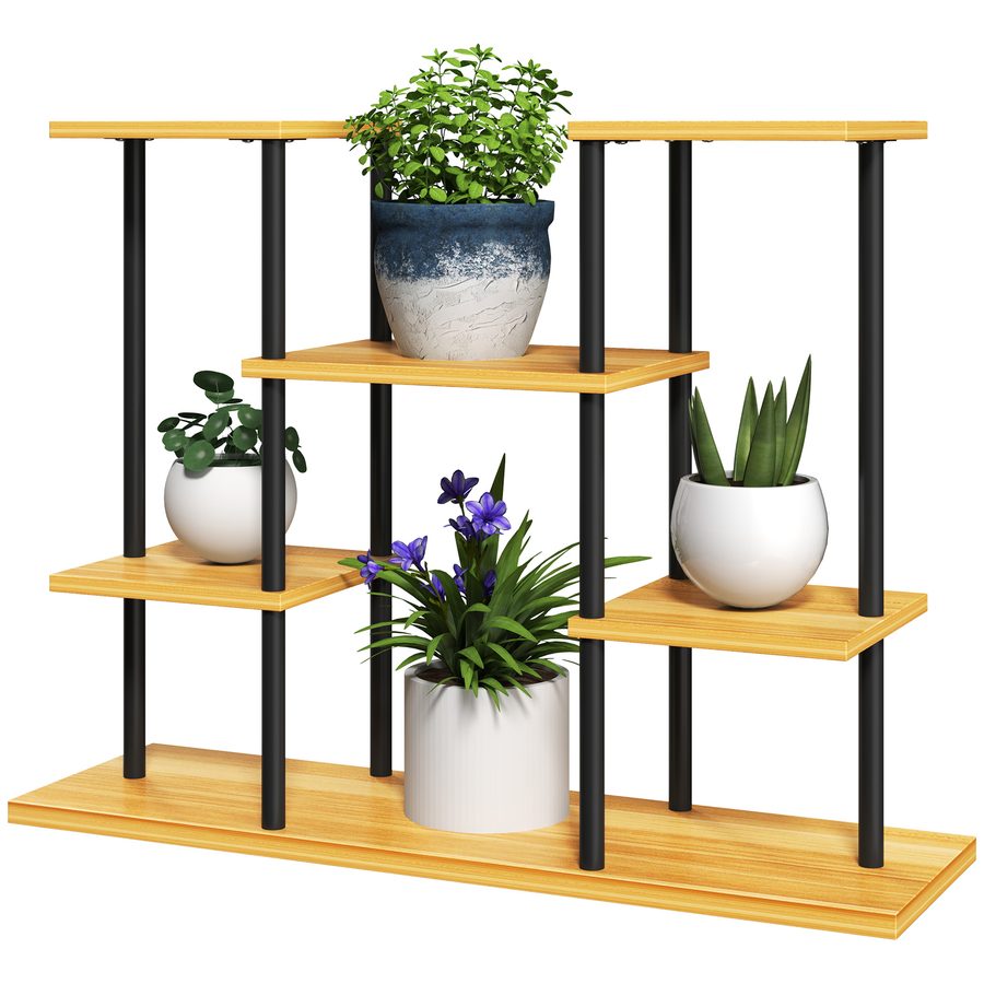 Outsunny Pflanzenständer für den Innenbereich, 6-stufiges Pflanzenregal, Stahlrahmen und massive Holzbasis, Pflanzenhalter für Wohnzimmer, Balkon, Garten, Naturholz   Aosom von Outsunny