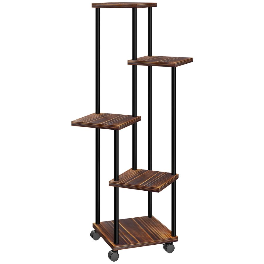 Outsunny 5-Etagen Pflanzenständer mit Räder, Blumenständer für Innen Außen, Pflanzenregal aus Stahl, Holz, mehrstöckig Blumenregal, 110cm hoch Blumentreppe für Wohnzimmer, Garten Balkon Deko, Verkohlt   Aosom von Outsunny