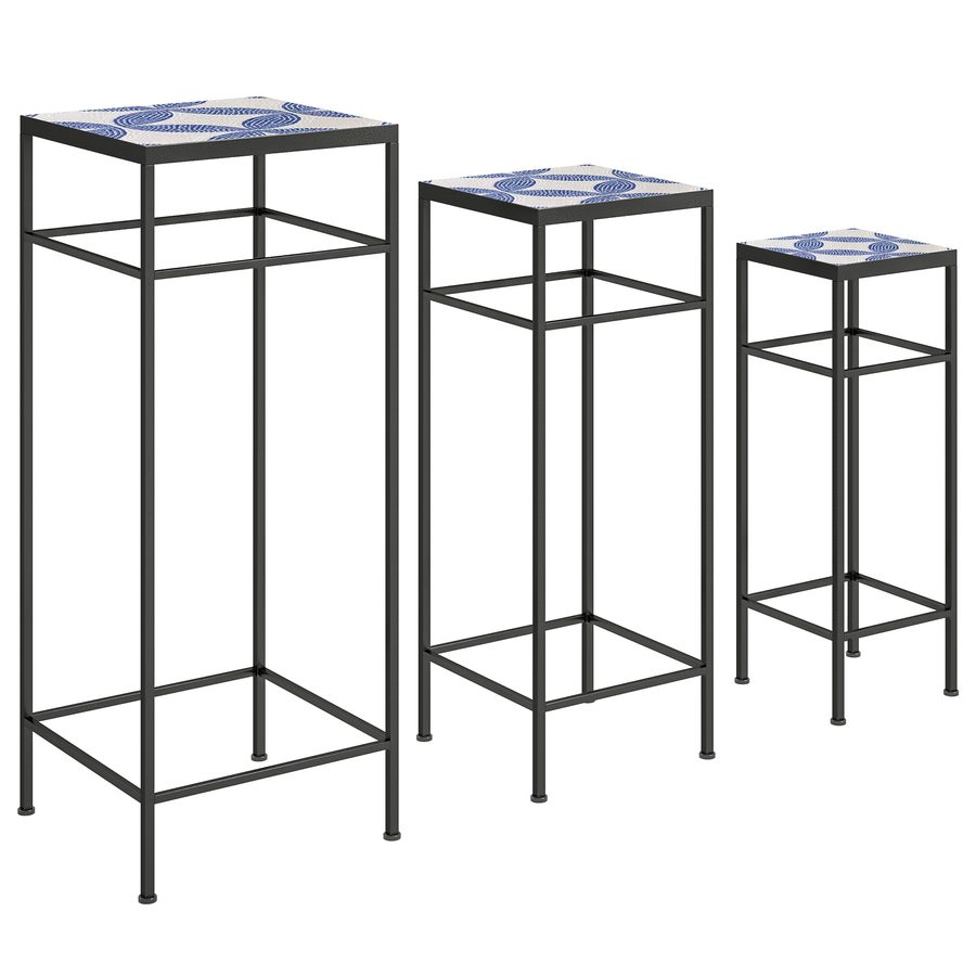 Outsunny 3er-Set Pflanzenständer, 71 cm hoch Blumenständer für Innen, Pflanzenregal aus Metall, 3 verschieden große Blumenregal, Blumenhocker, Blumentopfständer für Wohnzimmer Garten Balkon Blau+Weiß   Aosom von Outsunny
