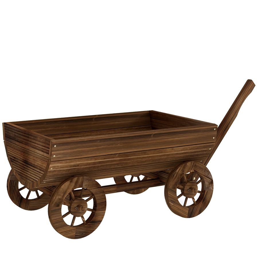 Outsunny Dekorativer Holzkarren mit 4 Rädern und Griff, mobiler Außen-Pflanzkübel mit Abflussloch, Außenblumenkübel für Anbau, Pflanzen, Garten, Terrasse, 115x40x54,5 cm, verkohlt   Aosom von Outsunny