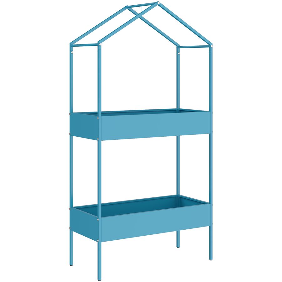 Outsunny 2-stufiger Metall-Pflanzenständer in Hausform, Pflanzenregal mit Haken für Innen- und Außenbereich, 75x35x150 cm, Blau Grün   Aosom von Outsunny